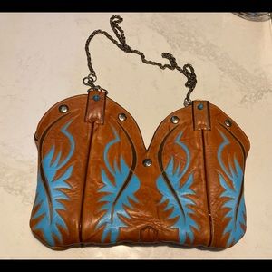 Custom made LeatherBoot purse. Cognac Turquoise with Star snaps Turquoise stones